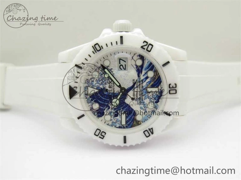 Submariner 40mm White Ceramic 5GF Best Edition Sea Painting Dial on White Rubber Strap SA3135