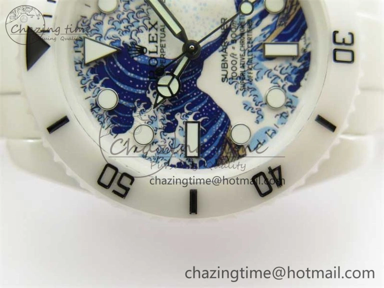 Submariner 40mm White Ceramic 5GF Best Edition Sea Painting Dial on White Rubber Strap SA3135