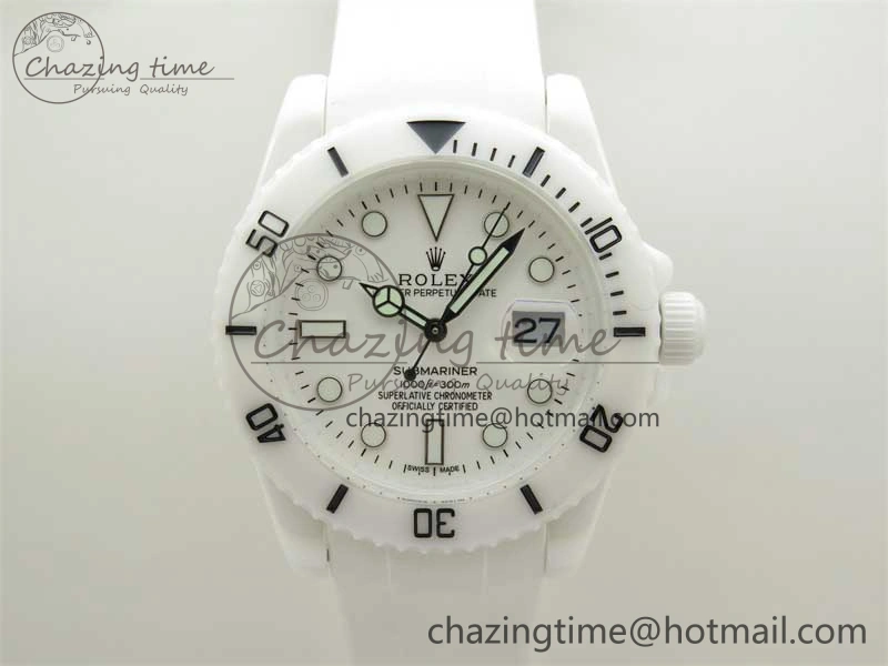 Submariner 40mm White Ceramic 5GF Best Edition White Dial on White Rubber Strap SA3135