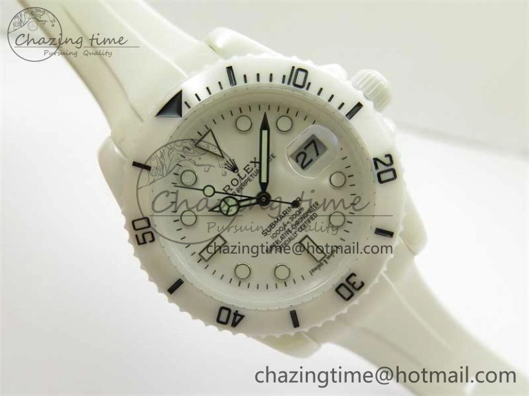 Submariner 40mm White Ceramic 5GF Best Edition White Dial on White Rubber Strap SA3135