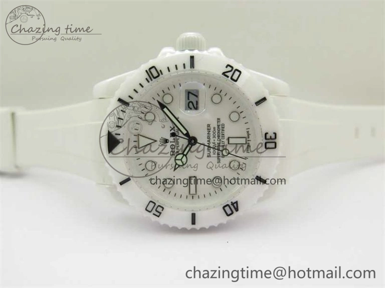Submariner 40mm White Ceramic 5GF Best Edition White Dial on White Rubber Strap SA3135