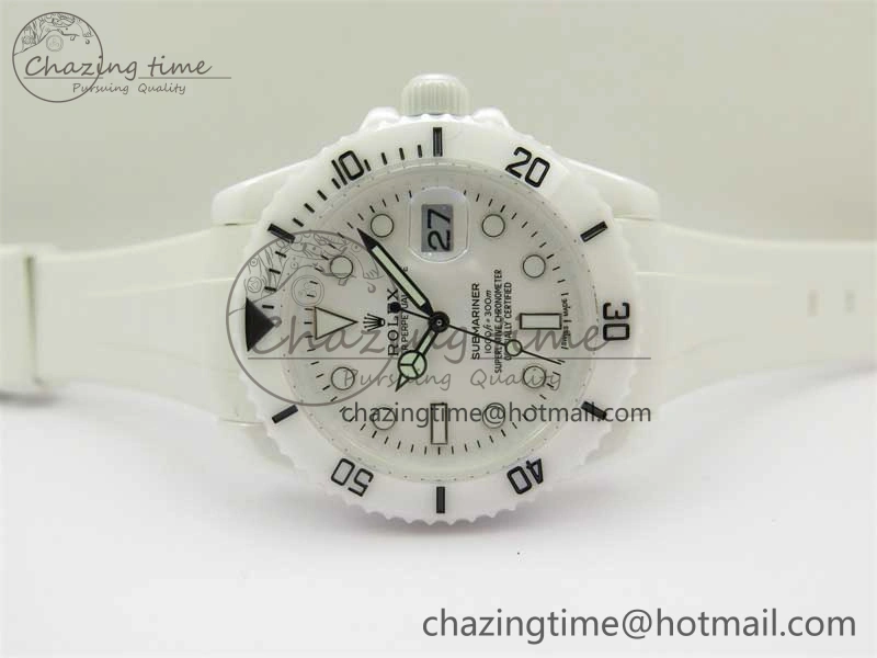 Submariner 40mm White Ceramic 5GF Best Edition White Dial on White Rubber Strap SA3135
