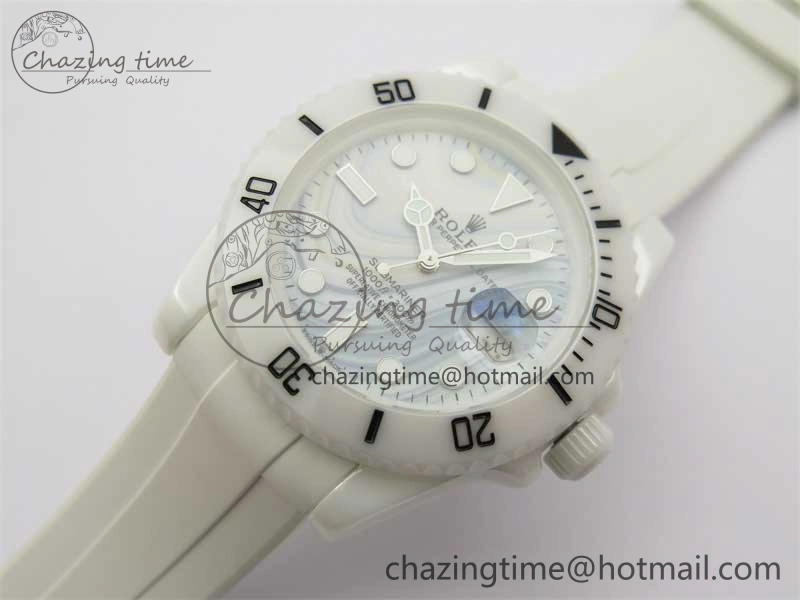 Submariner 40mm White Ceramic 5GF Best Edition White Blue Dial on White Rubber Strap SA3135