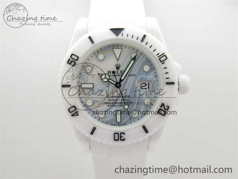 Submariner 40mm White Ceramic 5GF Best Edition White Blue Dial on White Rubber Strap SA3135