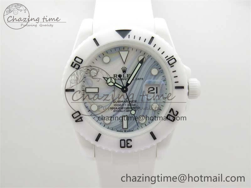 Submariner 40mm White Ceramic 5GF Best Edition White Blue Dial on White Rubber Strap SA3135