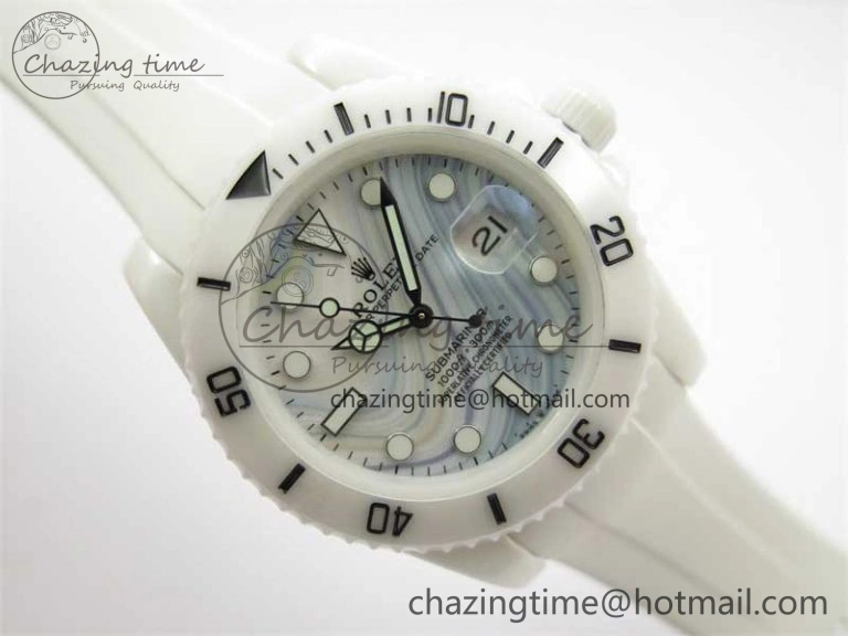 Submariner 40mm White Ceramic 5GF Best Edition White Blue Dial on White Rubber Strap SA3135