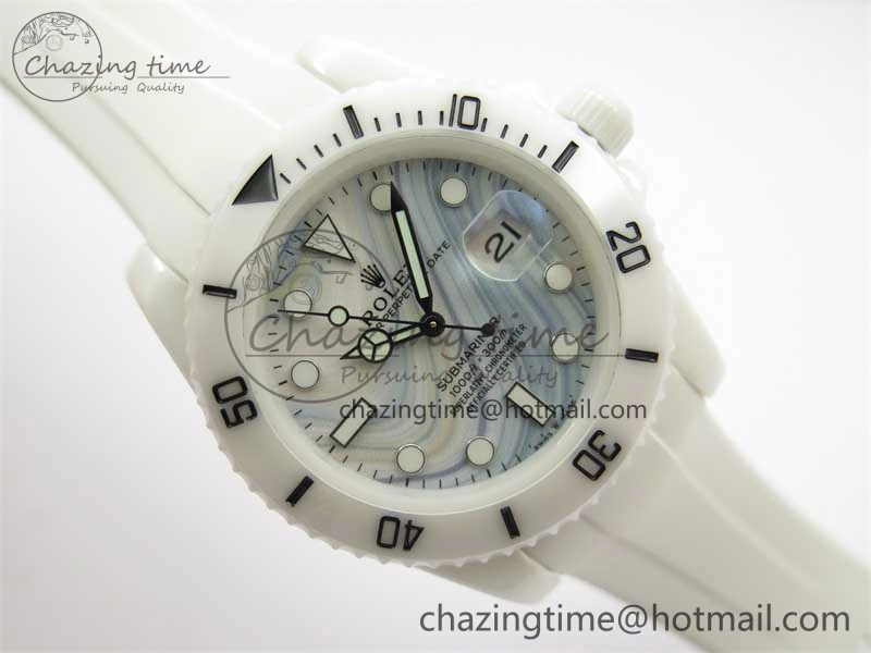 Submariner 40mm White Ceramic 5GF Best Edition White Blue Dial on White Rubber Strap SA3135