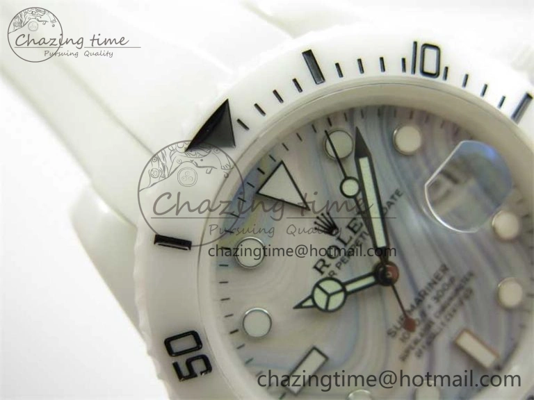Submariner 40mm White Ceramic 5GF Best Edition White Blue Dial on White Rubber Strap SA3135