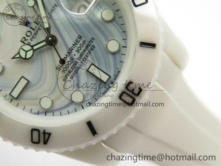 Submariner 40mm White Ceramic 5GF Best Edition White Blue Dial on White Rubber Strap SA3135