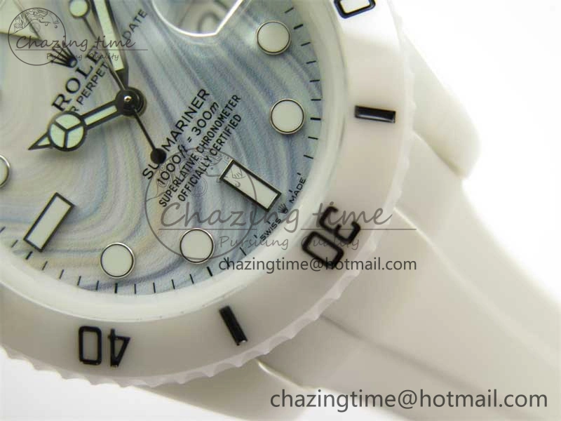 Submariner 40mm White Ceramic 5GF Best Edition White Blue Dial on White Rubber Strap SA3135
