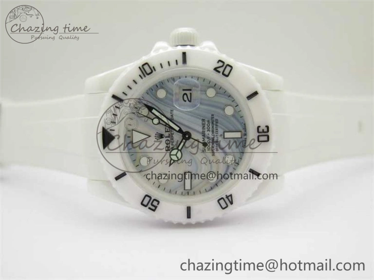 Submariner 40mm White Ceramic 5GF Best Edition White Blue Dial on White Rubber Strap SA3135