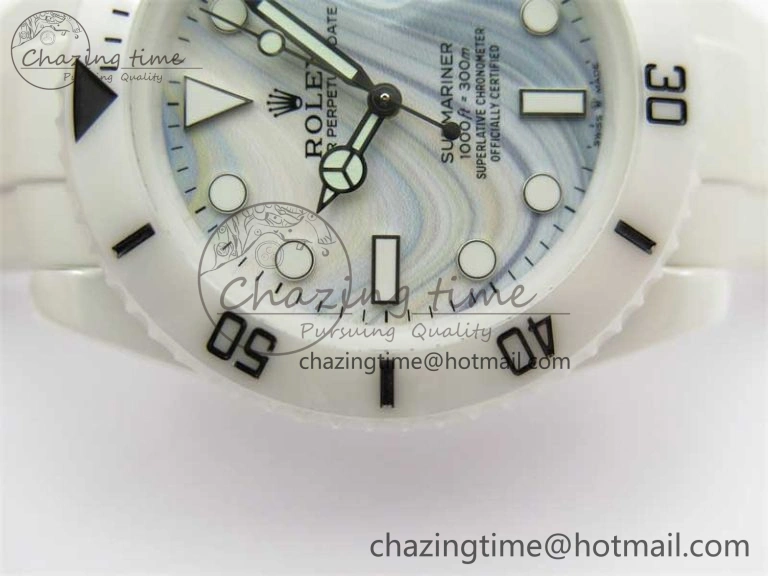 Submariner 40mm White Ceramic 5GF Best Edition White Blue Dial on White Rubber Strap SA3135