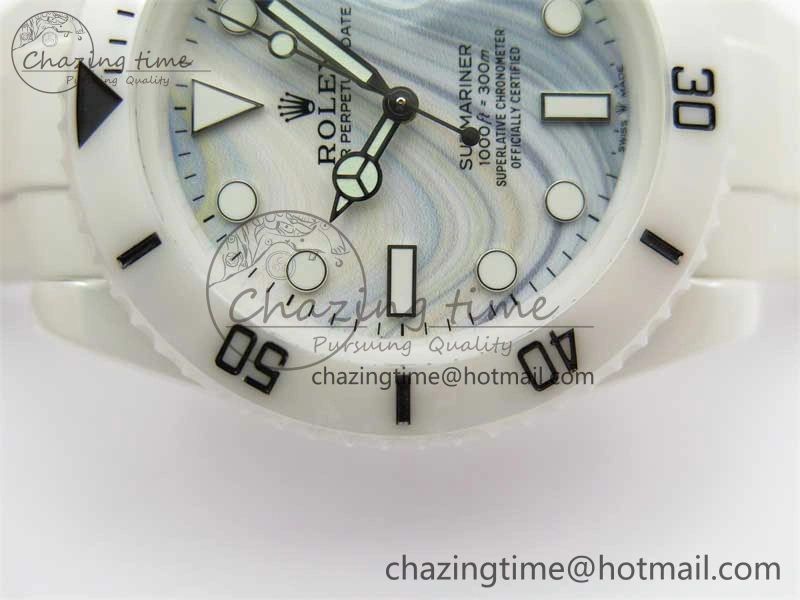 Submariner 40mm White Ceramic 5GF Best Edition White Blue Dial on White Rubber Strap SA3135