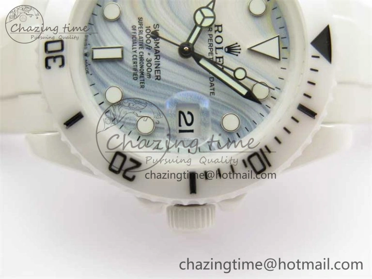 Submariner 40mm White Ceramic 5GF Best Edition White Blue Dial on White Rubber Strap SA3135