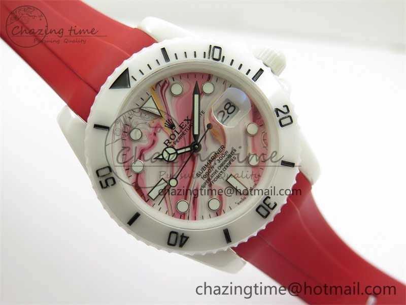 Submariner 40mm White Ceramic 5GF Best Edition White Red Dial on Red Rubber Strap SA3135
