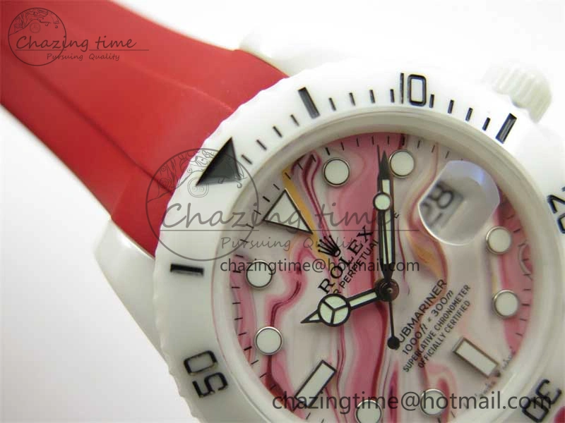 Submariner 40mm White Ceramic 5GF Best Edition White Red Dial on Red Rubber Strap SA3135