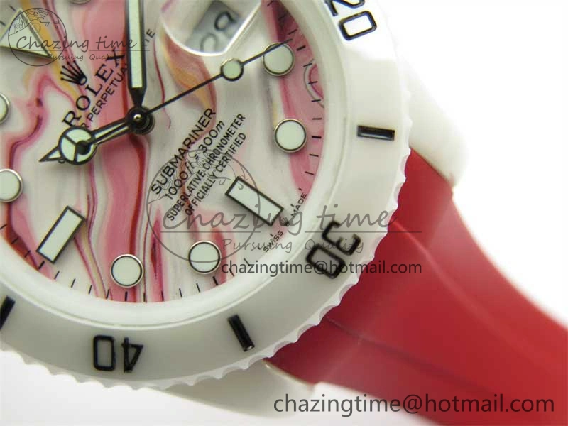 Submariner 40mm White Ceramic 5GF Best Edition White Red Dial on Red Rubber Strap SA3135