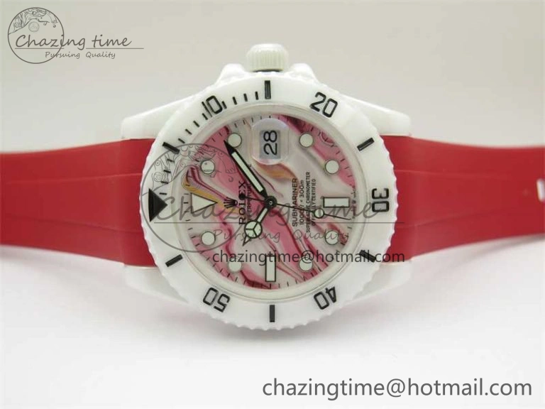 Submariner 40mm White Ceramic 5GF Best Edition White Red Dial on Red Rubber Strap SA3135