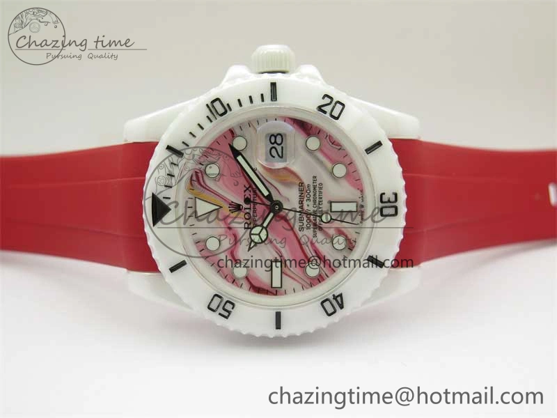Submariner 40mm White Ceramic 5GF Best Edition White Red Dial on Red Rubber Strap SA3135