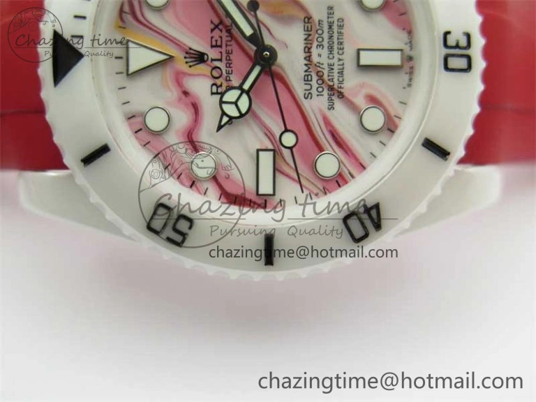 Submariner 40mm White Ceramic 5GF Best Edition White Red Dial on Red Rubber Strap SA3135