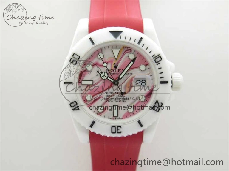Submariner 40mm White Ceramic 5GF Best Edition White Red Dial on Red Rubber Strap SA3135