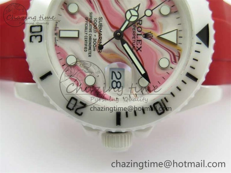 Submariner 40mm White Ceramic 5GF Best Edition White Red Dial on Red Rubber Strap SA3135