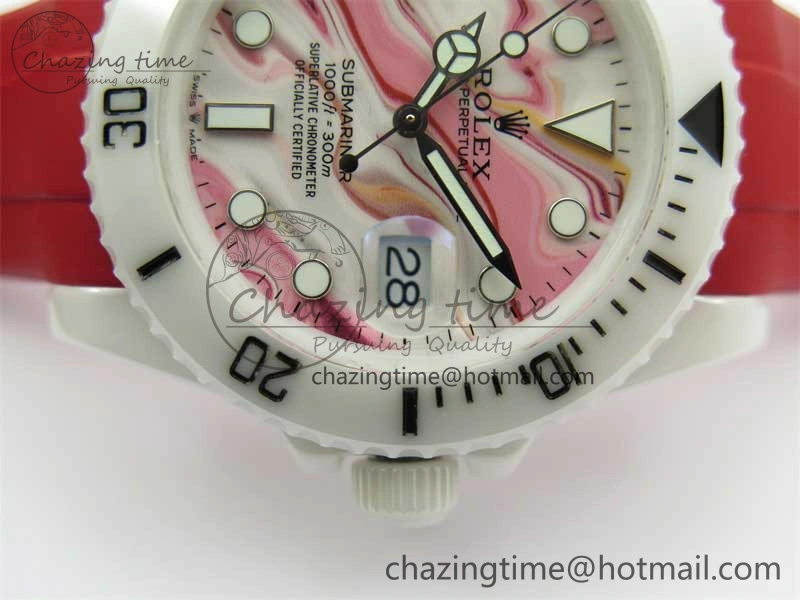 Submariner 40mm White Ceramic 5GF Best Edition White Red Dial on Red Rubber Strap SA3135