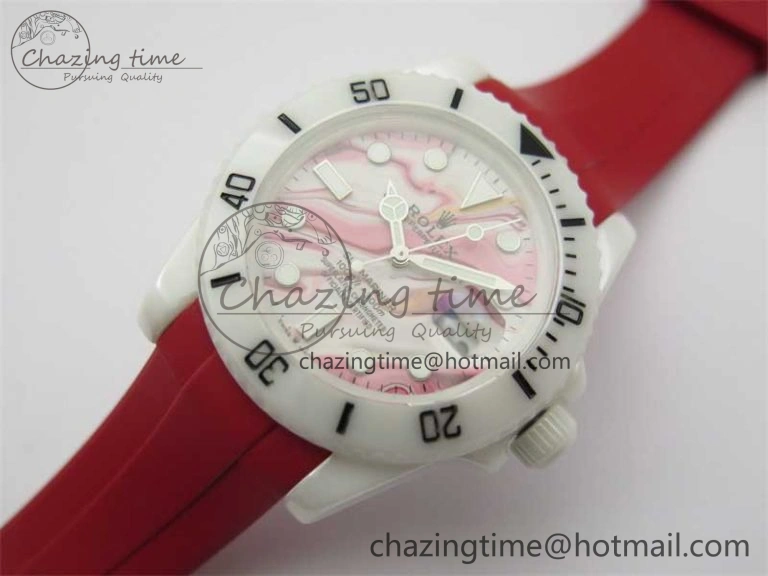 Submariner 40mm White Ceramic 5GF Best Edition White Red Dial on Red Rubber Strap SA3135