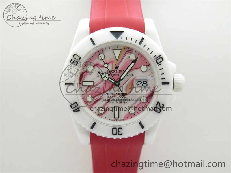 Submariner 40mm White Ceramic 5GF Best Edition White Red Dial on Red Rubber Strap SA3135