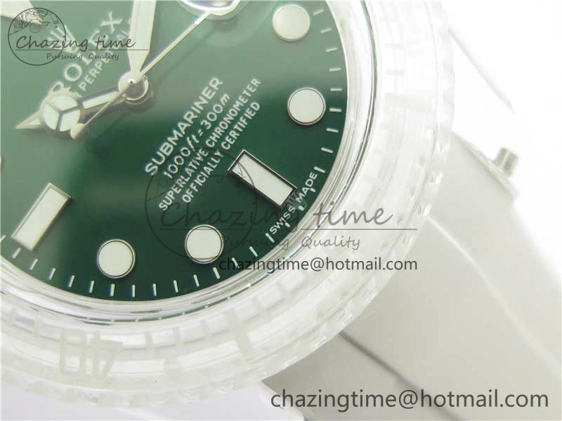 Submariner Phantomlab Transparent 3AF Best Edition Green Dial on White Rubber Strap VR3135