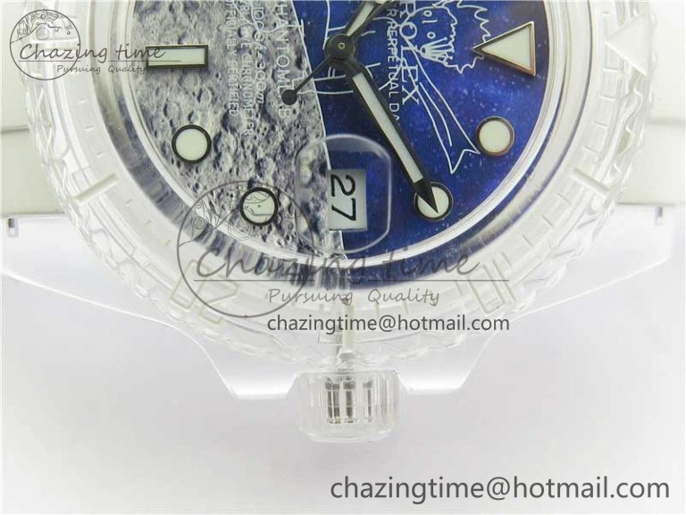 Submariner Phantomlab Transparent KZF Best Edition Blue Moon Dial on White Rubber Strap VR3135