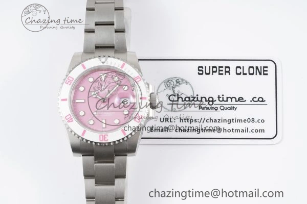 Submariner Sandblasted DIWF Best Edition White Bezel Pink Dial Dial on SS Bracelet VR3135