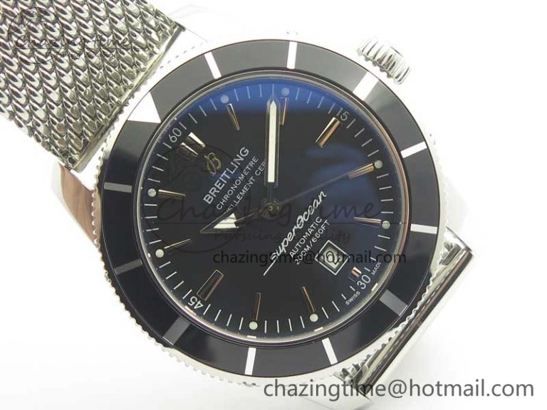 Super Ocean Heritage 46mm SS Black Bezel Black Dial on SS Mesh Bracelet A2824