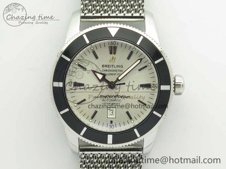 Super Ocean Heritage 46mm SS Black Bezel White Dial on SS Mesh Bracelet A2824