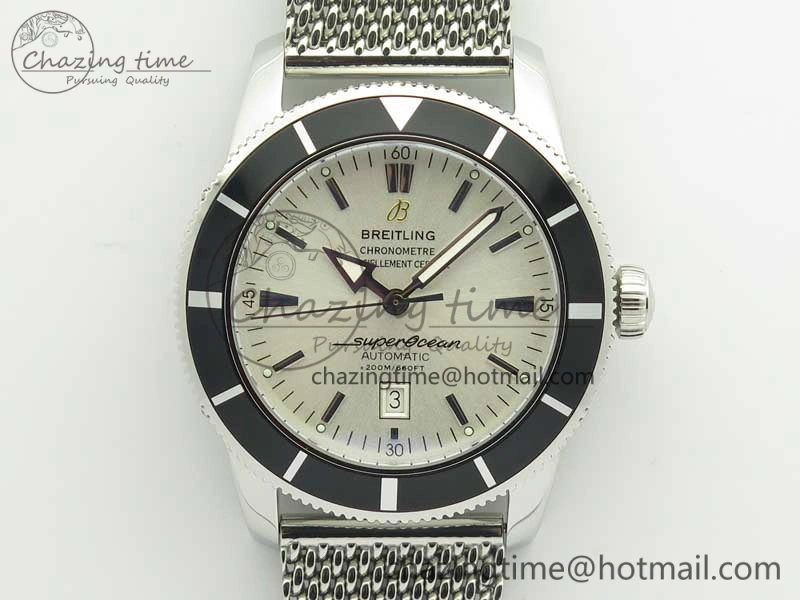 Super Ocean Heritage 46mm SS Black Bezel White Dial on SS Mesh Bracelet A2824
