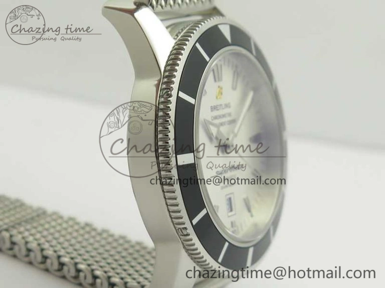 Super Ocean Heritage 46mm SS Black Bezel White Dial on SS Mesh Bracelet A2824