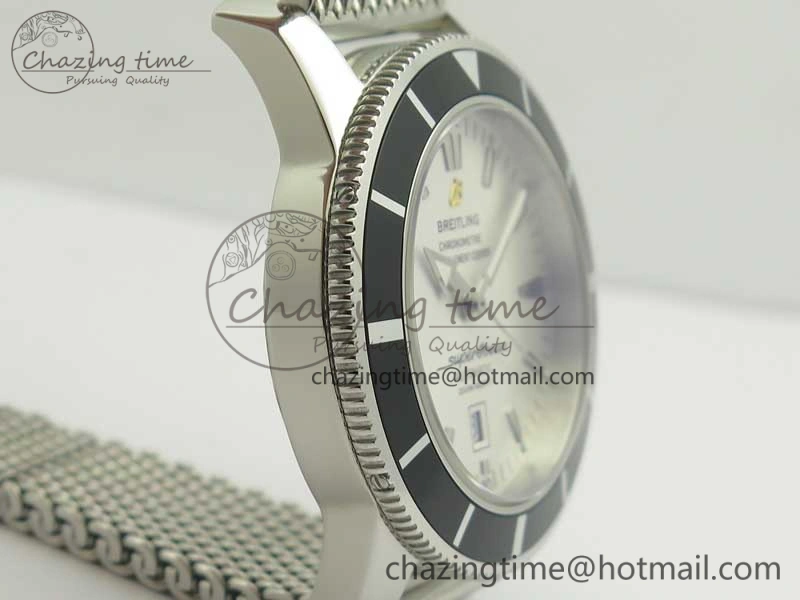 Super Ocean Heritage 46mm SS Black Bezel White Dial on SS Mesh Bracelet A2824