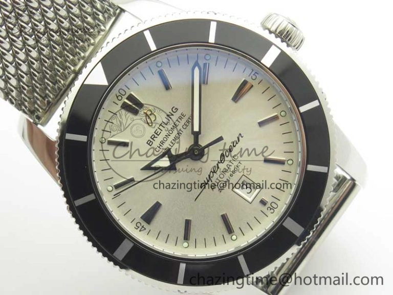 Super Ocean Heritage 46mm SS Black Bezel White Dial on SS Mesh Bracelet A2824