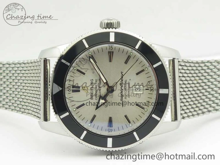 Super Ocean Heritage 46mm SS Black Bezel White Dial on SS Mesh Bracelet A2824