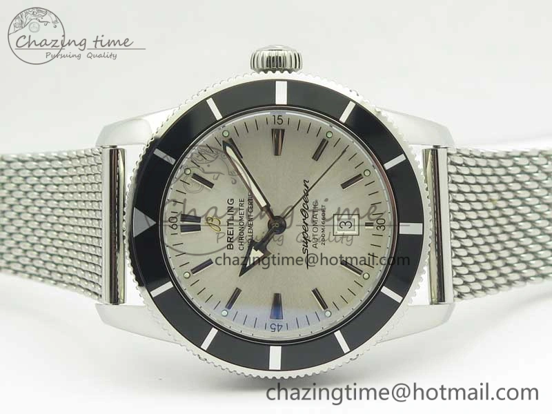 Super Ocean Heritage 46mm SS Black Bezel White Dial on SS Mesh Bracelet A2824
