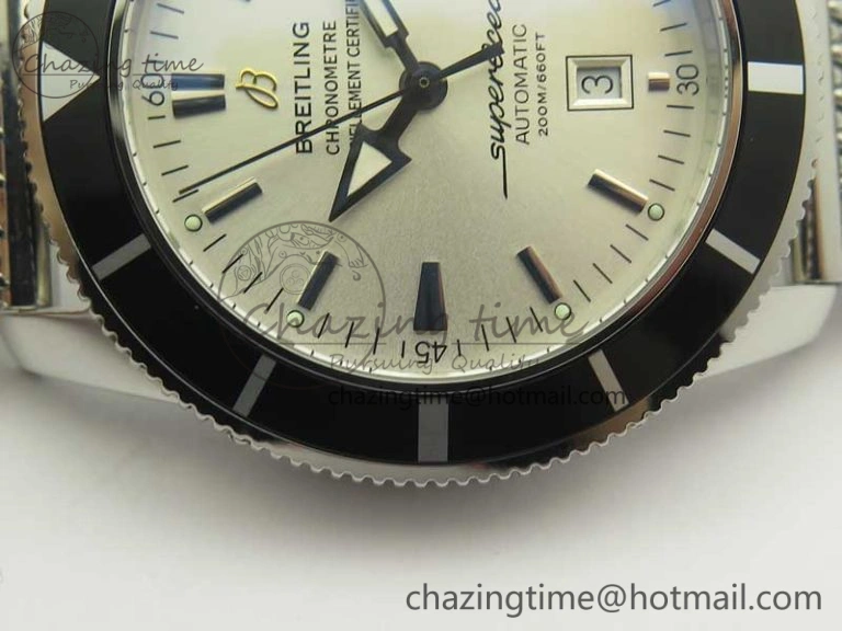 Super Ocean Heritage 46mm SS Black Bezel White Dial on SS Mesh Bracelet A2824