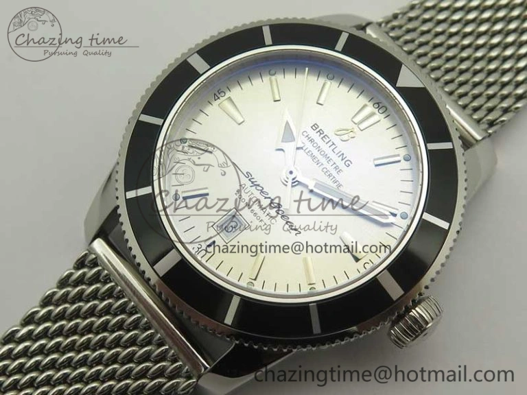 Super Ocean Heritage 46mm SS Black Bezel White Dial on SS Mesh Bracelet A2824
