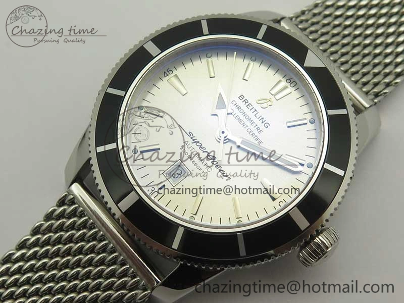 Super Ocean Heritage 46mm SS Black Bezel White Dial on SS Mesh Bracelet A2824