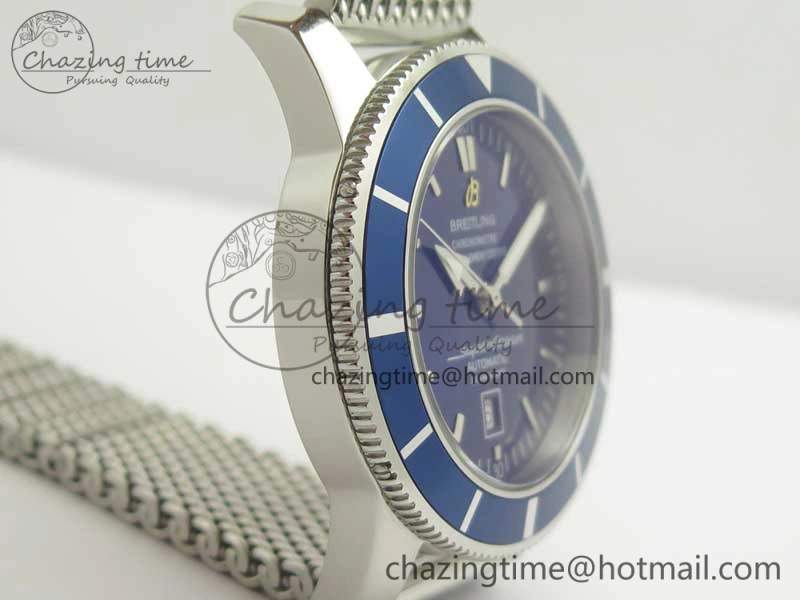 Super Ocean Heritage 46mm SS Blue Bezel Blue Dial on SS Mesh Bracelet A2824