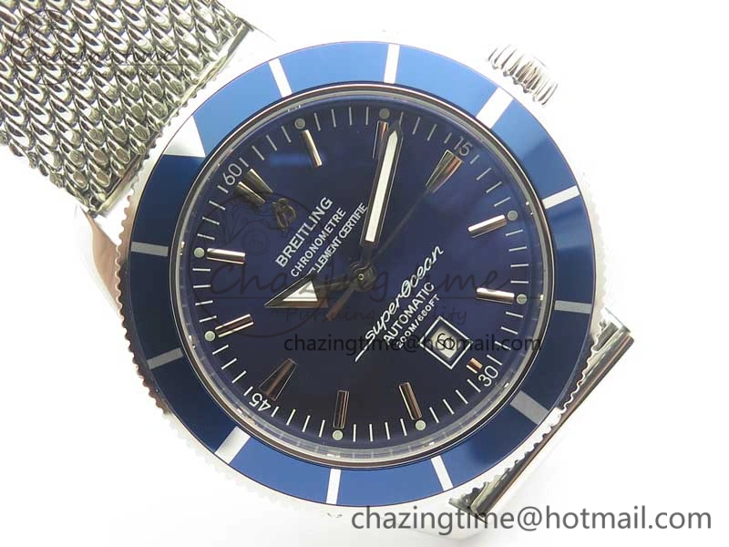 Super Ocean Heritage 46mm SS Blue Bezel Blue Dial on SS Mesh Bracelet A2824