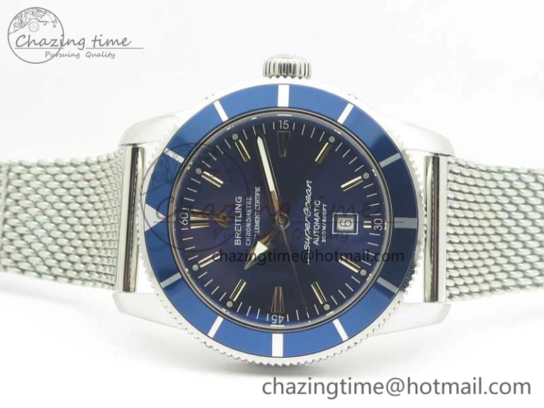 Super Ocean Heritage 46mm SS Blue Bezel Blue Dial on SS Mesh Bracelet A2824