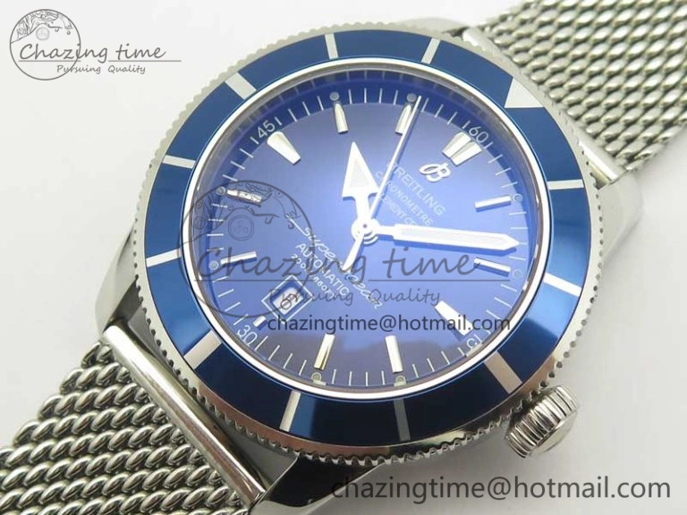Super Ocean Heritage 46mm SS Blue Bezel Blue Dial on SS Mesh Bracelet A2824