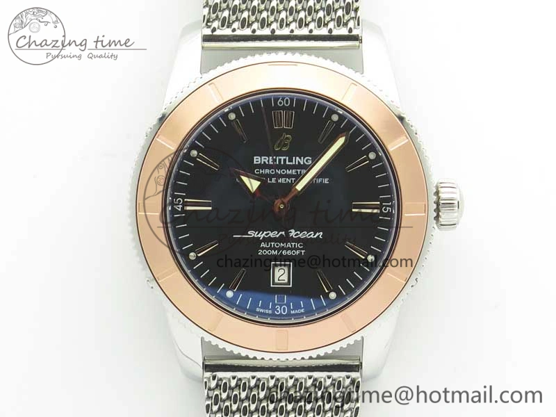 Super Ocean Heritage 46mm SS RG Bezel Black Dial on SS Mesh Bracelet A2824