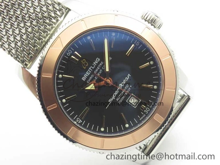 Super Ocean Heritage 46mm SS RG Bezel Black Dial on SS Mesh Bracelet A2824