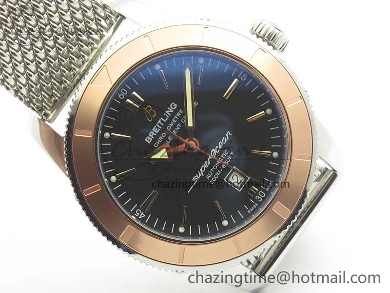 Super Ocean Heritage 46mm SS RG Bezel Black Dial on SS Mesh Bracelet A2824